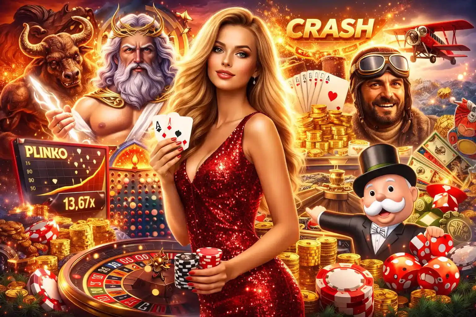 Online casino promotion featuring slots, crash games, and luxury gaming atmosphere